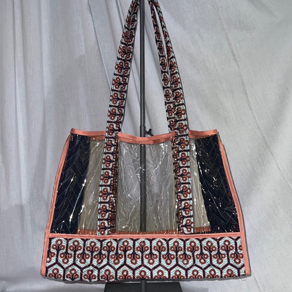 cinda b clear tote with quilted print straps, base & sides
